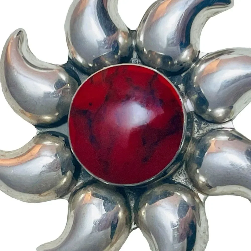 Vintage Sterling Silver Red Jasper Necklace Sun‎ Sunburst Star Pendant Italy
